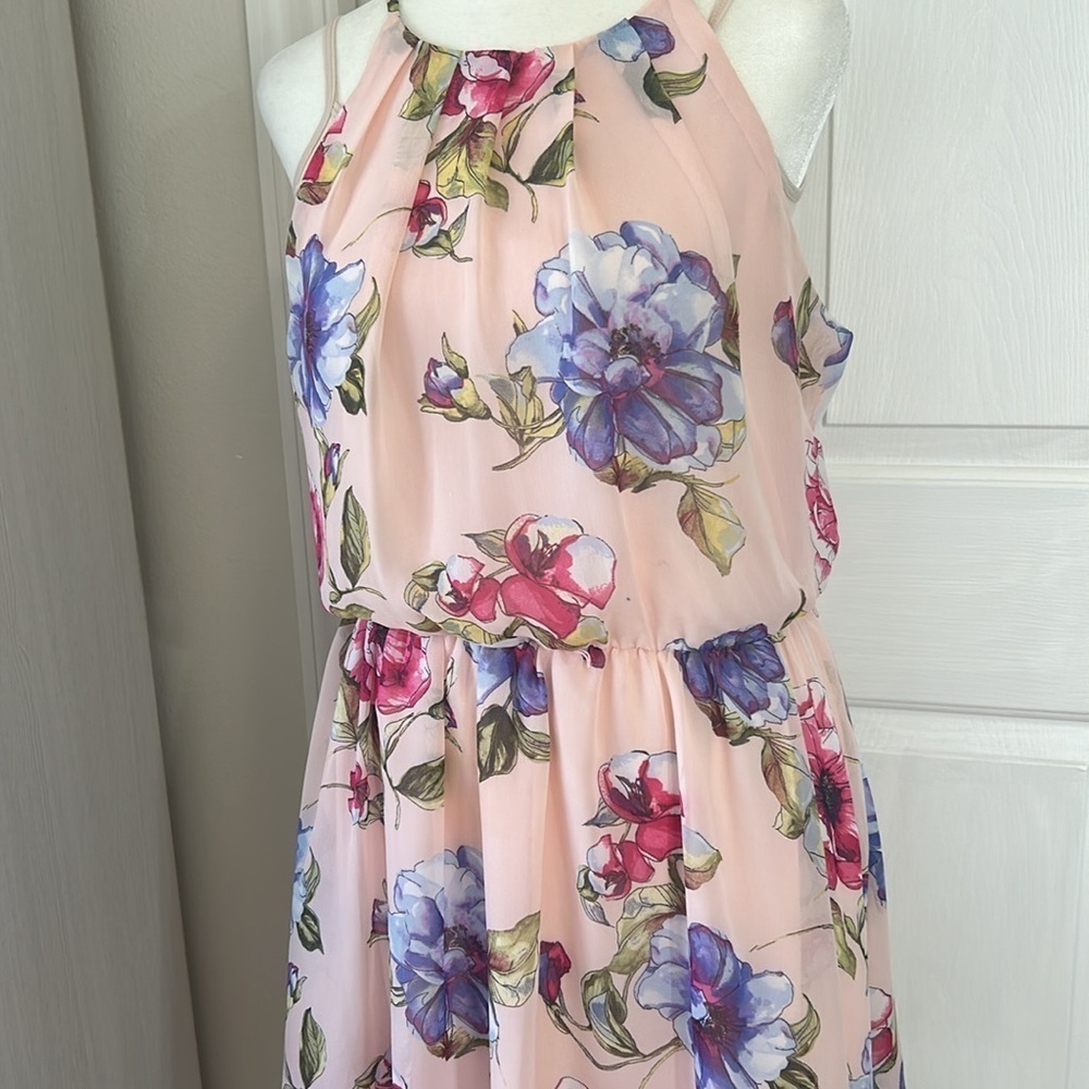 IZ BYER Fit & Flare Spring PINK Floral Spaghetti Straps Lined Dress Sz L